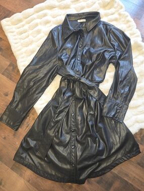 Chic DEX Faux Leather [1X] Trenchcoat Shirt Dress Black Dark Academia Minimalist